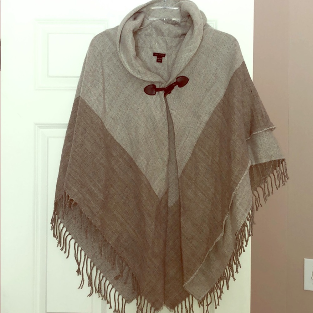 Ann Taylor Grey Wool Fringe Poncho